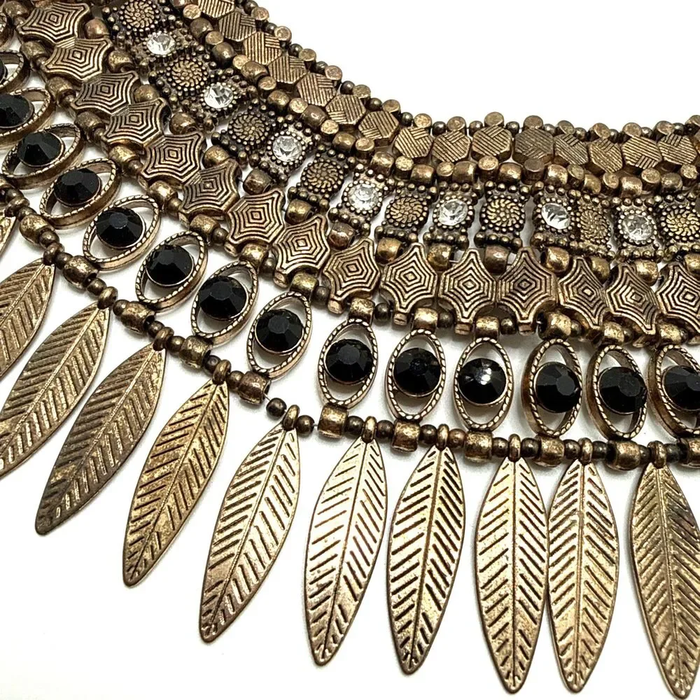 ALDO Boho Statement Bib Necklace Leaf Fringe Distressed Gold Tone Tribal Collar